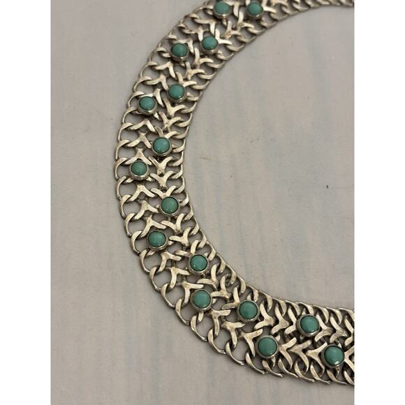 Vintage Mexican Sterling/Green Turquoise Cabochon TNC Collar/Choker NECKLACE 66g - Picture 4 of 8